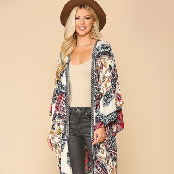 Tops - Vibrant border print ruffle sleeves kimono